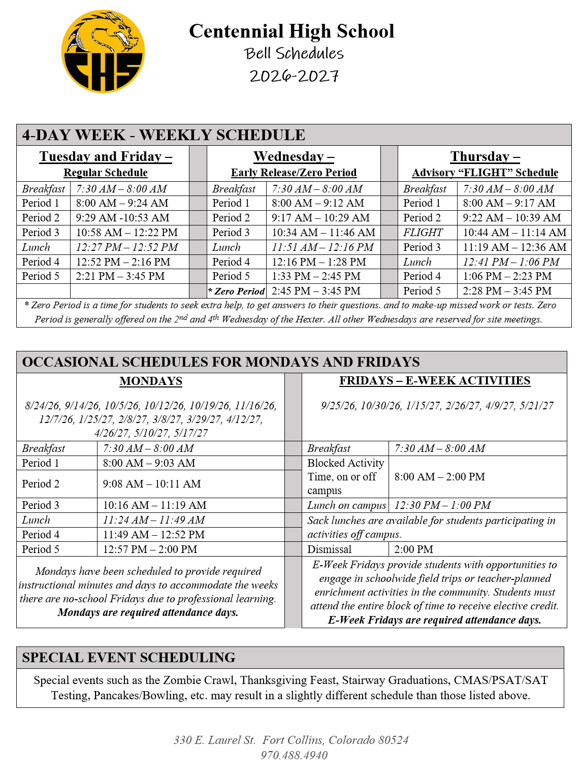 CHS 26-27 Bell Schedules
